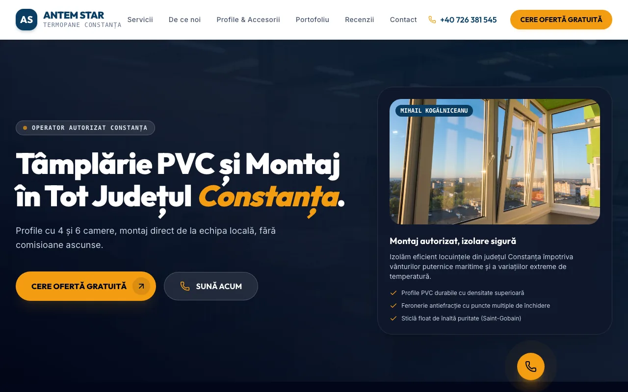 Site lead-gen pentru tâmplărie PVC — Antem Star, operator autorizat în județul Constanța.