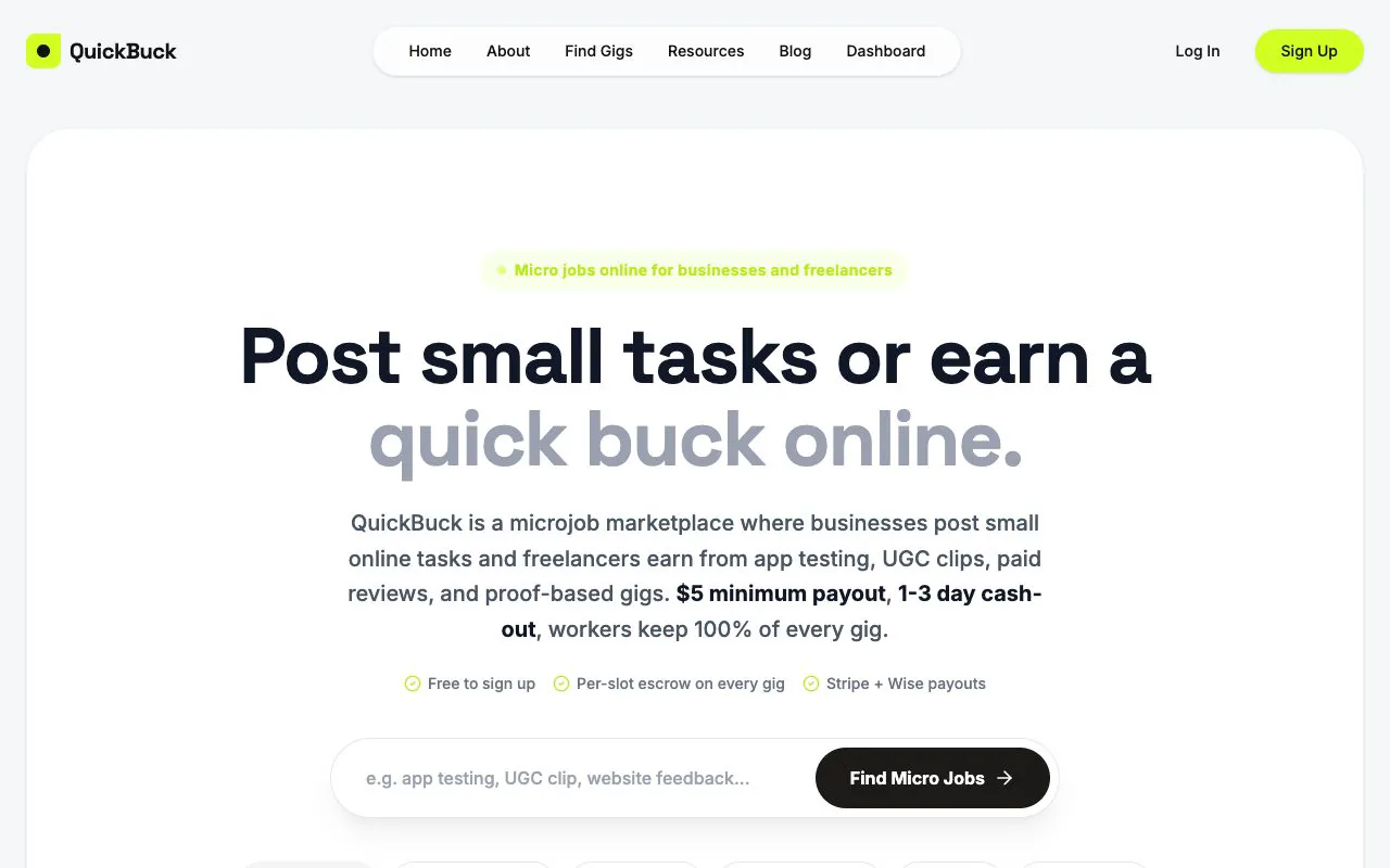 QuickBuck — Landing page pentru marketplace de micro joburi, cu poziționare rapidă pentru utilizatori.